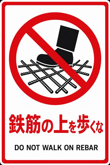 鉄筋の上を歩くなの安全看板（禁止）