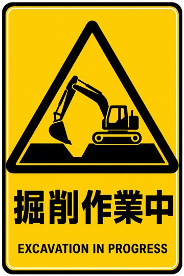 掘削作業中の安全看板（注意）