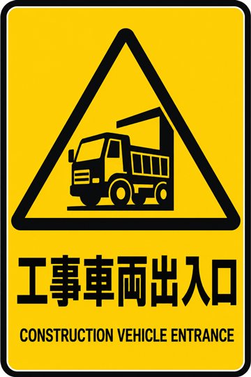 工事車両出入口の安全看板（注意）